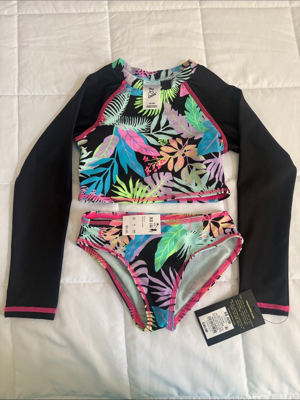 Carter's Girls Blackโ Long-Sleeve Tropical Two-Piece Rashguard - UPF 50+